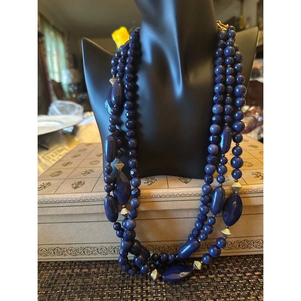 Vintage Navy Blue Triple Strand Beaded Statement Necklace Gold Tone Accents